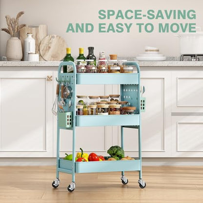 KINGRACK 3 Tier Rolling Cart with DIY Pegboard, Metal Utility Cart with Wheels, Hooks & Baskets, Sturdy Storage Organizer for Craft, Bathroom, Kitchen, Office, Nursery, Classroom（Blue） - color: Blue