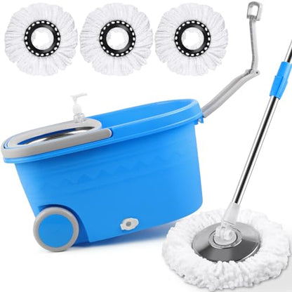 Spin Mop and Bucket with Wringer Set On Wheels, 360° Spinning Mop Bucket System with 3 Microfiber Replacement Heads, 61" Stainless Steel Extended Handle for Floor Cleaning Black/Red (25QT) (Blue) - color: Blue
