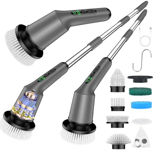 Shower Scrubber with Long Handle, Shower Cleaner Brush with 8 Floor Machine Pads, Cordless Electric Spin Scrubber for Cleaning with 2 Speed, Cleaning Supplies for Bathroom Bathtub Kitchen Floor Toilet - color: Gray, size: 8 Brush Heads