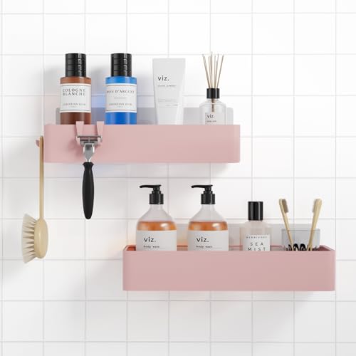 Kitsure Shower Caddy - 2 Pack Adhesive Shower Organizer, Rustproof Metal Shelves, No-Drill Bathroom Organizers and Storage, Brown, Large - color: Pink, size: Large