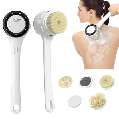 Electric Body Brush, 3 Speed Silicone Body Scrubber with LCD Display, 5in1 Back Scrubber for Shower, Waterproof Rotating Body Brushes, Rechargeable Bath Brush for Clean Exfoliate Massage (White) - color: White