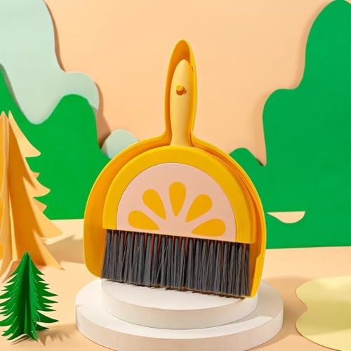 Mini Desk Broom and Dustpan Set High Density Bristle Small Handheld Desktop Cleaning Brush Compact Snap On Space Saving Tool for Desks Keyboards Office Car Interiors Small Spaces - color: Yellow Lemon