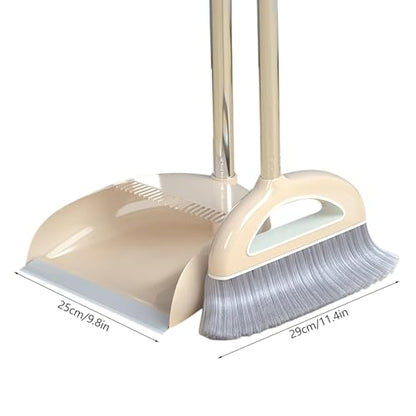 Broom and Dustpan Set, Long Handle Broom with Stand Up Dustpan Combo Set, Light Weight Stainless Steel Poles Stand Upright Dustpans and Broom Set, Broom with Dustpan for Home Kitchen Room - color: White