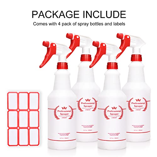 Uineko Plastic Spray Bottle (4 Pack, 32 Oz, All-Purpose) Heavy Duty Spraying Bottles Leak Proof Mist Empty Water Bottle for Cleaning Solution Planting Pet with Adjustable Nozzle and Measurements - size: 32 Oz, 4 Pack