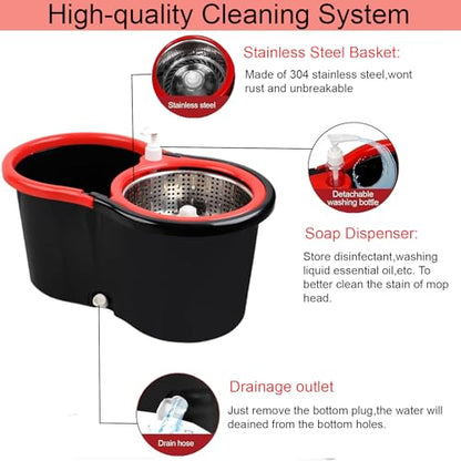 Spin Mop and Bucket with Wringer Set, 360° Spinning Mop Bucket System with 3 Microfiber Mop Replacement Heads Refills,56" Stainless Steel Extended Handle for Floor Cleaning Home(20QT) (Green) (Black) - color: Black