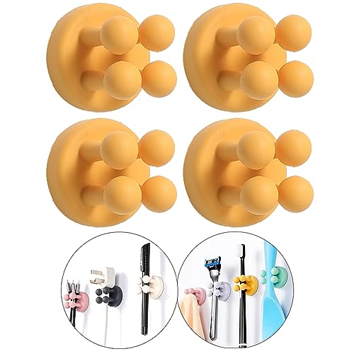 Silicone Toothbrush Holders - 4 Pcs Razor Hooks Adhesive Wall Mounted for Hanging Towel Key Plug Cable, Utility Decor Stick to Dorm Room Essentials Function for Kitchen Bathroom Home Office - color: 4 Pcs Yellow