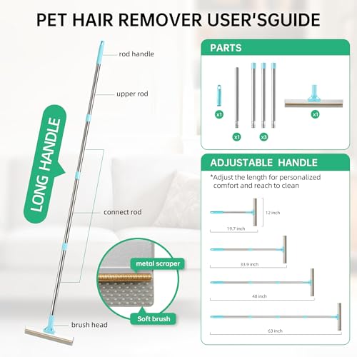 Carpet Rake for Pet Hair Removal Tool, 2 in 1 TPU and Copper Rake Teeth Uproot Clean Hair Remover with 63’’ Adjustable Long Handle,Cat & Dog for Carpets,Rugs, Mats (63’’ Handle) - size: 63in-1pcs-Rake
