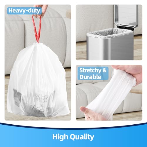 KUK 1.6 Gallon Drawstring Trash Bags - 60 Count White Small Garbage Bags, Unscented Strong Plastic Waste Basket Liners for Home/Office/Car, Fits 4.5-8 Liter Bins, 6 Rolls with Tear-Free Design - size: 1 Count (Pack of 60)