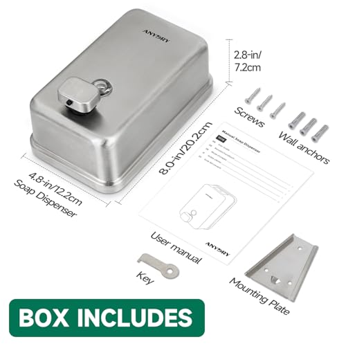 anydry Commercial Wall Mounted Soap Dispenser 37oz 1100ml Large Capacity Brushed Stainless Steel Manual Dispenser for High Traffic Restrooms - color: Brushed