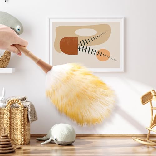 Feather Duster, Lambswool Duster for Cleaning,with Solid Wooden Handle,Leather Hang Strap,Anti-Static 14.9 inch Washable Reusable Small Hand Duster(Natural) for Office, Home and Car - size: 14.9inch