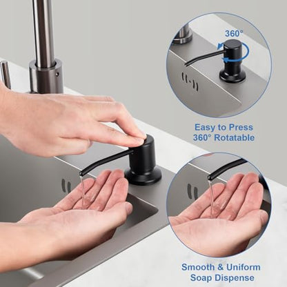 Husfunov Soap Dispenser for Kitchen Sink, Built in Sink Soap Dispenser (Matte Black), Countertop Dish Soap Dispenser Stainless Steel Pump with 47" Extension Tube kit, No Need to Frequent Refills - color: Matte Black