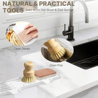 Kitchen Soap Dispenser Set - Dish Soap Dispenser for Kitchen with Self Drain Tray, 17oz Glass Bottle, Stainless Steel Pump, Sponge, and Dish Brush - Gold - color: White Bottle + Gold Pump