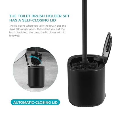 Toilet Brush and Holder Set Toilet Bowl Brush Stainless Steel Automatic Open lid Toilet Bowl Cleaner Brush with Durable Bristle Head Toilet Cleaning Brush for Bathroom - color: Black