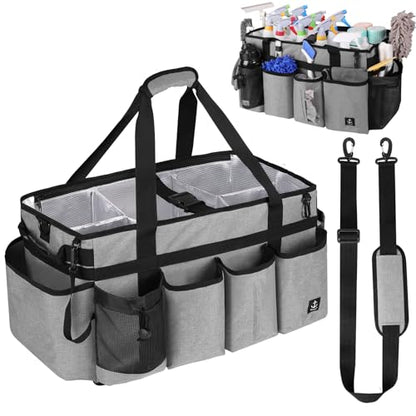 Extra large Cleaning Caddy Bag Built-in Sturdy Support Board, Cleaning Organizer with Detachable Divider, Cleaning Supply Tote with Adjustable Shoulder Strap (Grey, 19'' x 11'' x 11'') - color: Grey
