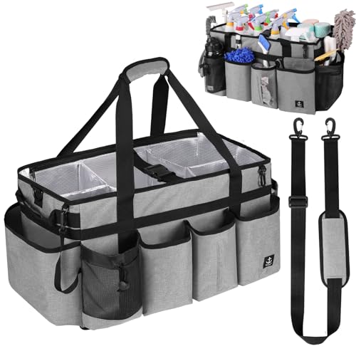 Extra large Cleaning Caddy Bag Built-in Sturdy Support Board, Cleaning Organizer with Detachable Divider, Cleaning Supply Tote with Adjustable Shoulder Strap (Grey, 19'' x 11'' x 11'') - color: Grey