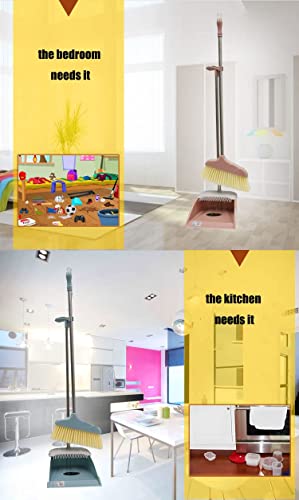 Broom and Dustpan Set for Home,Long Handle Broom with Upright Standing Dustpan,Broom and Dustpan Combo for Office Home Kitchen Lobby Floor Cleaning