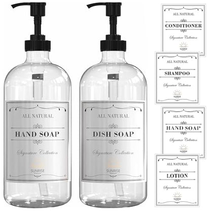Sunrise Premium 16 OZ Thick Clear Glass Soap Dispenser with Pump 2 Pack, Hand and Dish Soap Dispenser Set for Bathroom and Kitchen with 6 Waterproof Labels - color: Black Plastic Pump - Clear Glass