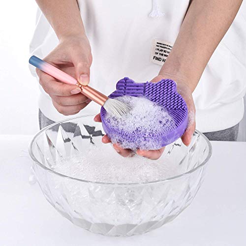 Silicon Makeup Brush Cleaner Mat with Brush Drying manual Make up brush cleaner cleanser machine Cosmetic Brush Cleaning Pad+Makeup Brush Dry Cleaned Quick Color Removal Sponge Scrubber Tool(Purple) - color: Purple