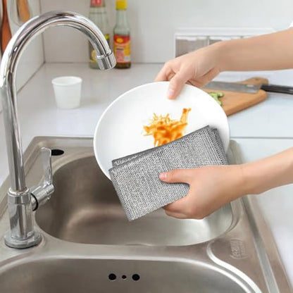INOOMP 10pcs Reusable Wire Mesh Dishwashing Rags Scrub Pads Silver Double-Layer Kitchen Cleaning Cloths for Non-Scratch Dish and Bowl Washing