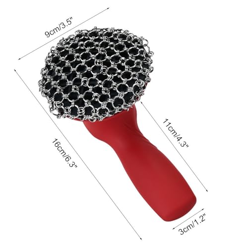Cast Iron Cleaner, Stainless Steel Cast Iron Scrubber with Silicone Handle, Portable Kitchen Cleaning Brush for Kitchen Pots Pans Sink - color: Red