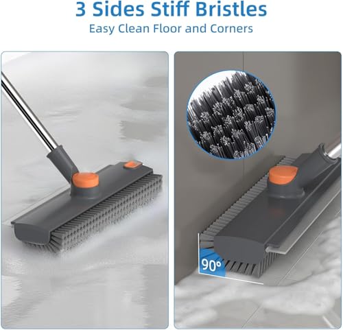 4-in-1 Floor Scrub Brush with Squeegee, Adjustable Long Handle, 360° Rotating Head, Stiff Bristles, Portable Hair Clip, Multi-Purpose