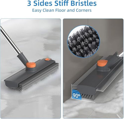 4-in-1 Floor Scrub Brush with Squeegee, Adjustable Long Handle, 360° Rotating Head, Stiff Bristles, Portable Hair Clip, Multi-Purpose