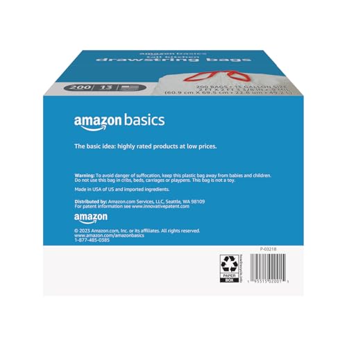 Amazon Basics Tall Kitchen Drawstring Trash Bags, Sturdy, 13 Gallon, Unscented, 200 Count - size: 200 Count (Pack of 1)