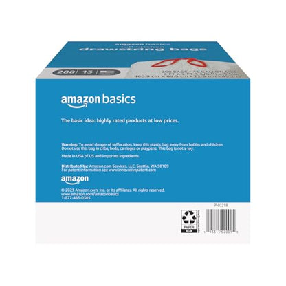 Amazon Basics Tall Kitchen Drawstring Trash Bags, Sturdy, 13 Gallon, Unscented, 200 Count - size: 200 Count (Pack of 1)