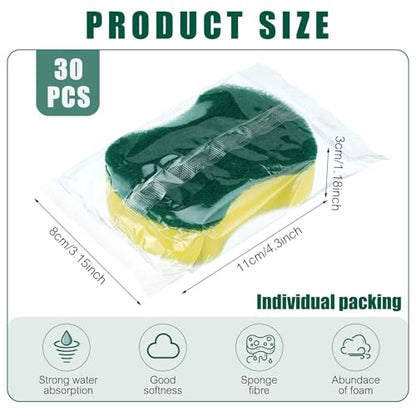 Tanlade 30 Pcs Individually Wrapped Sponges Kitchen Bulk Non Scratch Scouring Sponges for Dishes Household Cleaning Travel Apartments Hotel Car - color: Yellow Green