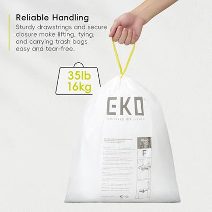 EKO 13 Gallon / 40-60 Liter, 60 Count Drawstring Trash Bags, Extra-Strong Unscented Garbage Bags, Easy-Dispense Roll for Kitchen & Household Use, Leak-Resistant, Code F, White - size: 60 Count (Pack of 1), style: 13 Gallon Bags/Code F
