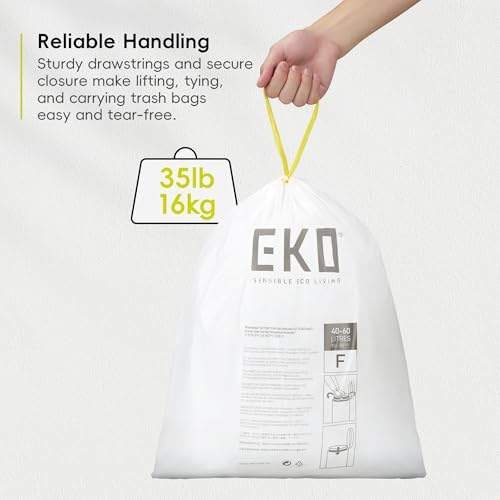EKO 13 Gallon / 40-60 Liter,110 Count Drawstring Trash Bags, Extra-Strong Unscented Garbage Bags, Easy-Dispense Roll for Kitchen & Household Use, Resists Tears, Leaks and Punctures, Code F, White - size: 110 Count (Pack of 1), style: 13 Gallon Bags/Code F