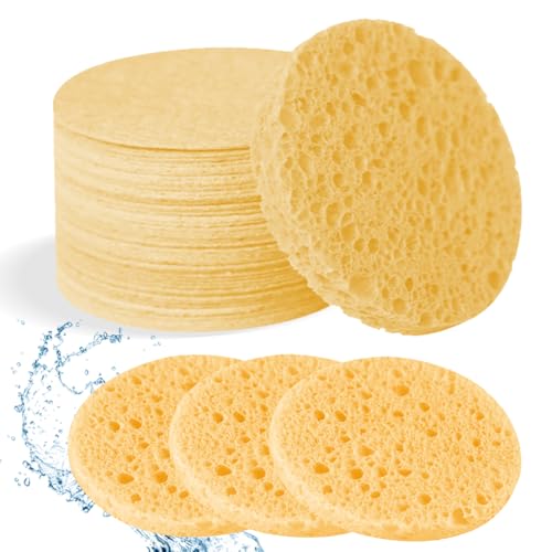 50-Count Facial Sponges Compressed Natural Cellulose Sponge Round Shape Face Sponge for Face Cleansing Exfoliating and Makeup Removal, Yellow - color: 50- Pack Yellow