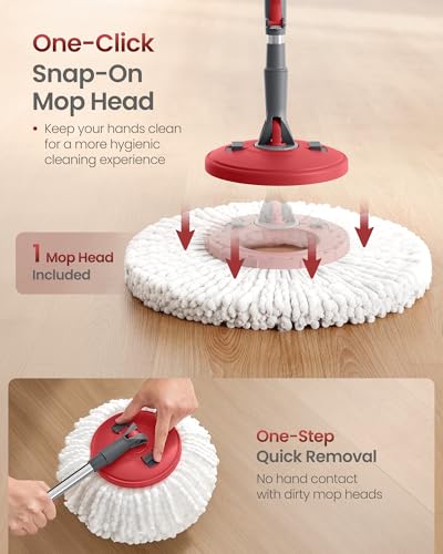 SONGMICS Spin Mop and Bucket Set with Pedal Wringer, Floor Cleaning Mop, Adjustable Telescopic Handle, Max. 59.1-Inch Length, 360° Rotating Head, 1 Microfiber Pad, Gray and Red ULMB002GT01 - color: Gray + Red, size: 1 Pad