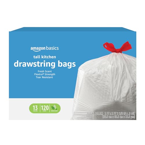 Amazon Basics Flextra Strength Tall Kitchen Drawstring Trash Bags, Fresh Scent, Tear Resistant, 13 Gallon, 120 Count - size: 120 Count (Pack of 1)
