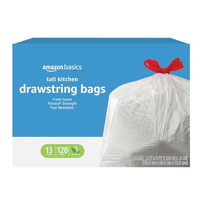 Amazon Basics Flextra Strength Tall Kitchen Drawstring Trash Bags, Fresh Scent, Tear Resistant, 13 Gallon, 120 Count - size: 120 Count (Pack of 1)