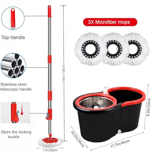Spin Mop and Bucket with Wringer Set, 360° Spinning Mop Bucket System with 3 Microfiber Mop Replacement Heads Refills,56" Stainless Steel Extended Handle for Floor Cleaning Home(20QT) (Green) (Black) - color: Black