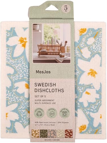 Swedish Dishcloths, Super Absorbent Multi-Surface Cleaning Cloths, Blue Floral Print, 80% Cellulose, 6.7x7.5 Inch, Set of 5 Designs - color: Multicolor
