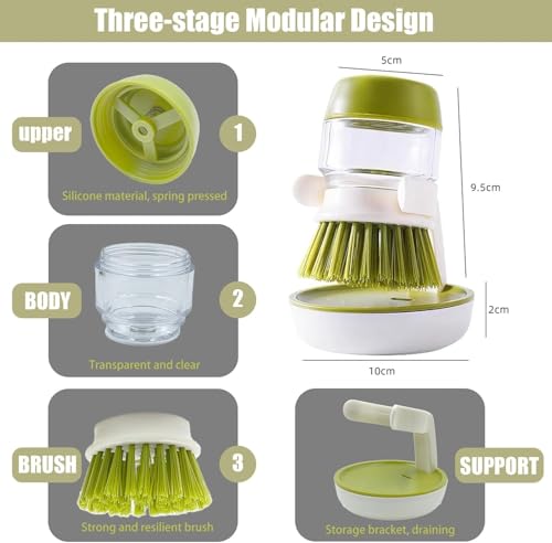 YUEWO Soap Dispenser Dish Brush, Palm Brush Scrub Brush, with Storage Bracket and Drainage Base, Gray