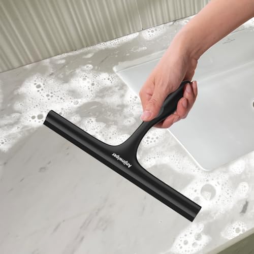 Shower Squeegee for Glass Doors with Adhesive Hook, Silicone Bathroom Squeegee for Shower Glass, Window, Tile Wall, Ergonomic Household Cleaner Tool, No-Squeak/Streak-Free/Non-Slip, 10 inch - color: All Black
