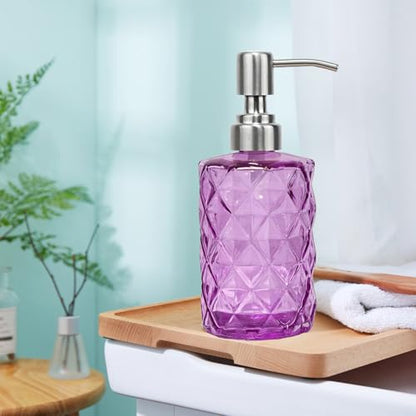 12Oz Purple Glass Soap Dispenser with Stainless Steel Pump, Refillable Kitchen Liquid Hand Soap Dispenser with Diamond Design, for Dispense Hand soap, Dish Soap, Lotion, Bathroom, Countertop, Hotel - color: Purple Diamond