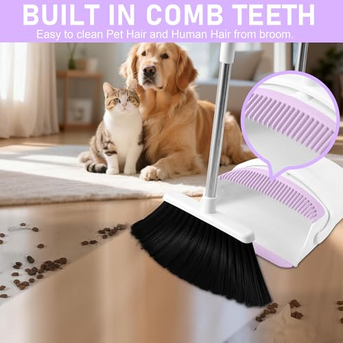 Broom with Dustpan Combo Set for Home, 52-in Long Adjustable Handle Angle Broom and Dustpan Set with Dustpan Comb Teeth for Sweeping Pet Hair Food Dirt Kitchen (White-Purple) - color: White-purple