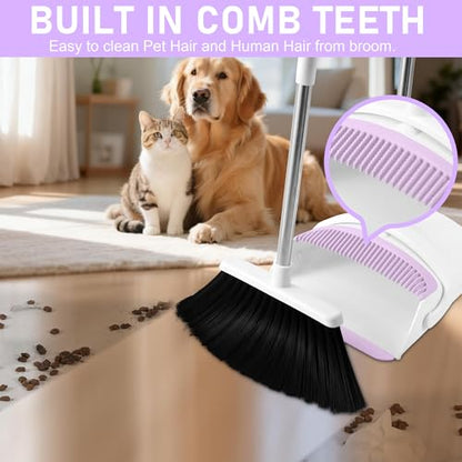 Broom with Dustpan Combo Set for Home, 52-in Long Adjustable Handle Angle Broom and Dustpan Set with Dustpan Comb Teeth for Sweeping Pet Hair Food Dirt Kitchen (White-Purple) - color: White-purple