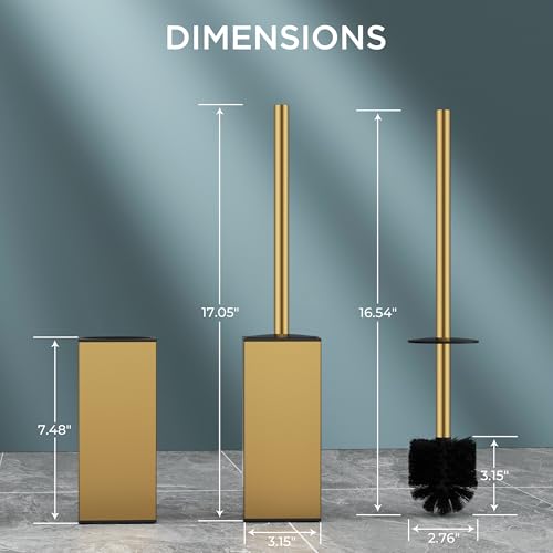 FORIOUS Toilet Brush and Holder Set, SUS304 Stainless Steel Square Base, Extended Long Handle, Drip-Proof & Space Saving, 2 Replaceable Brush Heads, Plastic & Silicone Dual Brush Head, Drak Gold - color: Brushed Gold