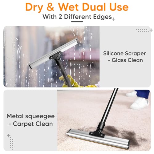 Dual Side Pet Hair Remover, Adjustable Carpet Rake Hair Removal Tool with Copper Serrated & Silicone Edge, Reusable Dog Cat Hair Remover Broom for Embedded Fur Removal from Carpet