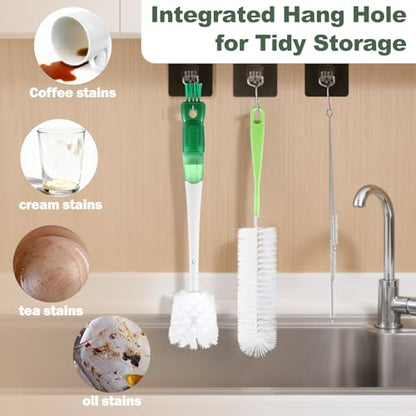 XYFuuee 5 Pack Bottle Brush Set, 5 in 1 Water Bottle Cleaning Brush, Long Handle Narrow Wine Cup Cleaner, 3 Straw Brushes for Stanley, Travel Nipple Lid Gap Detail Washer Brush - color: Green