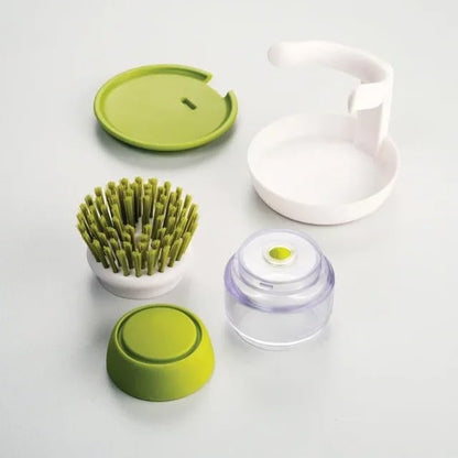 Soap Dispenser Palm Dish Brush with Storage Bracket – Drainage Base, Easy-to-Clean Kitchen Utensil Cleaner | Includes Extra Soft Bristle Brush Head (Gray) - color: Gray