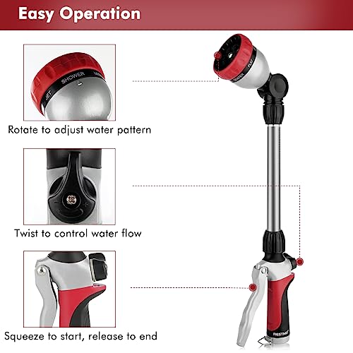 RESTMO Metal Watering Wand, Heavy Duty Garden Hose Wand with 180° Swivel Ratcheting Head, 16'' Hose Nozzle Sprayer with 7 Spray Patterns and Flow Control, for Water Hanging Baskets and Shrubs, Red - color: Red