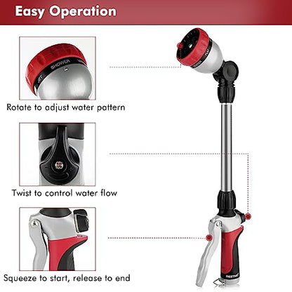 RESTMO Metal Watering Wand, Heavy Duty Garden Hose Wand with 180° Swivel Ratcheting Head, 16'' Hose Nozzle Sprayer with 7 Spray Patterns and Flow Control, for Water Hanging Baskets and Shrubs, Red - color: Red
