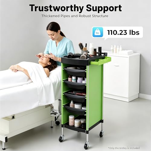 Salon Trolley Cart with Wheels, 6-Tier Beauty S-alon Cart with 4 Drawers, Space-Saving Rolling Salon Versatile Utility Cart, Open Top Floor, 110.23lbs Load-Bearing, Retractable Trays (Green+Black) - color: Green+black