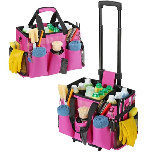Housolution Rolling Cleaning Caddy Bag with Detachable Trolley, Professional Portable Large Cleaning Bag with Wheels, Wearable Cleaning Supply Bag on Wheels for Housekeepers, Rose Red - color: Rose Red, size: Medium